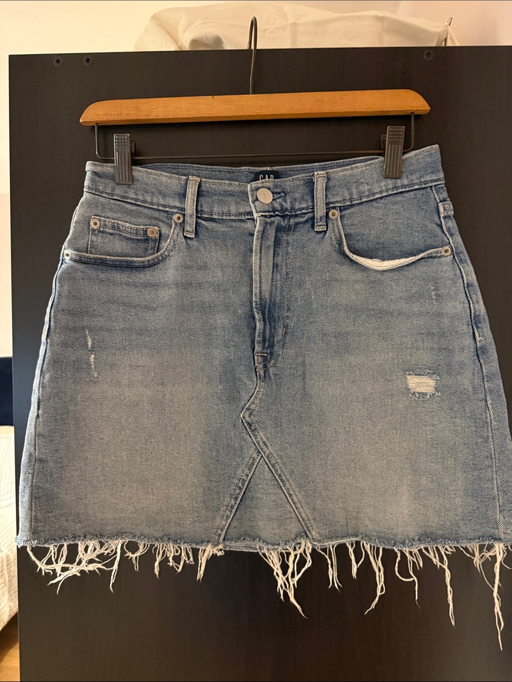 GAP Light Blue Distressed Denim Mini Skirt with Frayed Hem